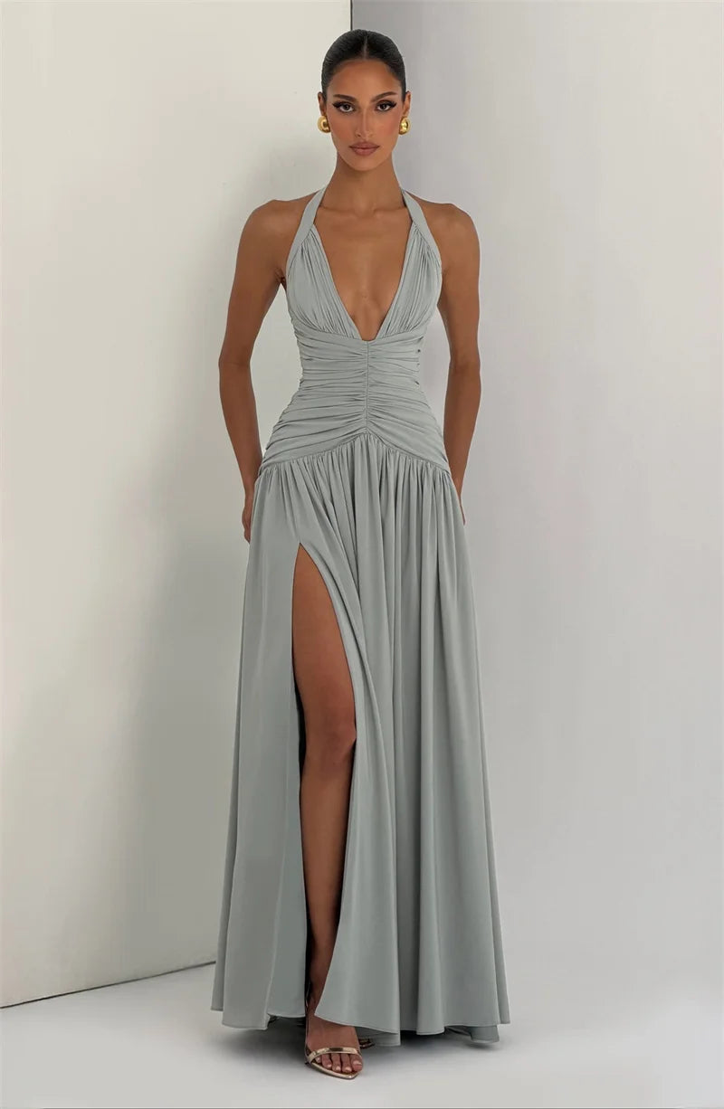 Mozision Halter Deep V Neck Sexy Maxi Dress Women Elegant Off-shoulder Sleeveless High Split Pleated Club Party Long Dress