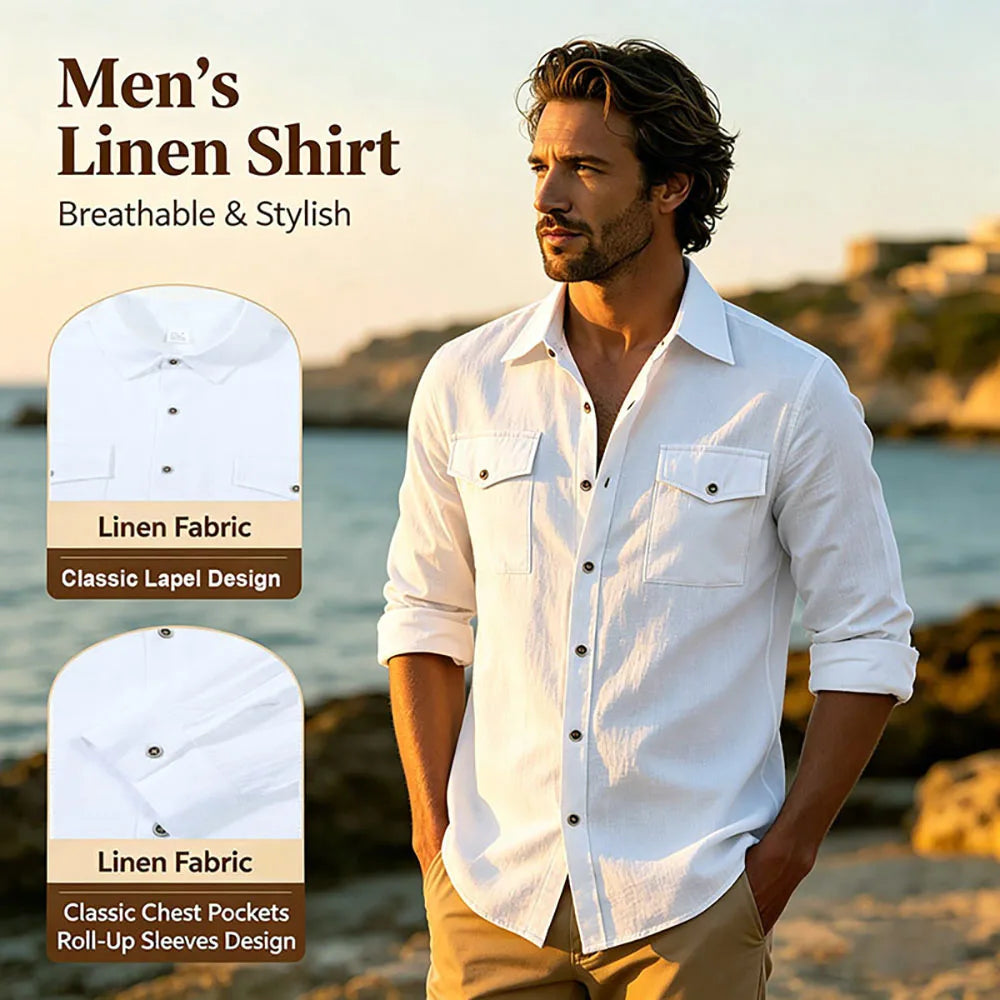 2026 New Men's Long Sleeve Casual Shirt Double Chest Pocket Button Up Shirt Soft Cotton Linen Men's Daily Work Tops