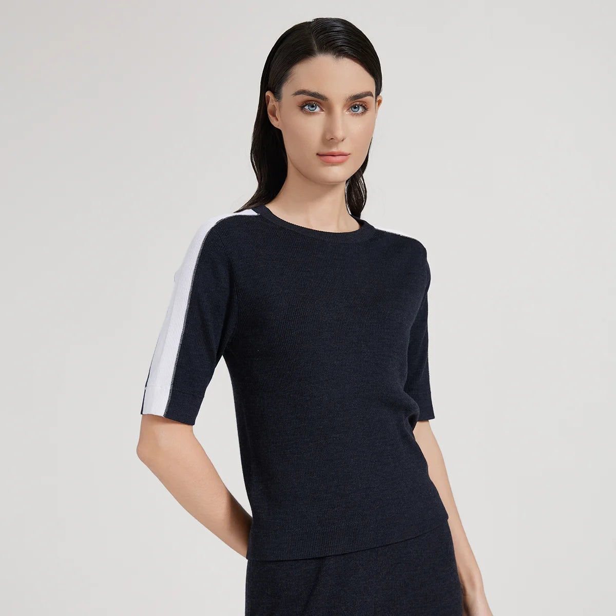 BC1042 Silk Merino Wool Blend Contrast Color Pullover Knitted Sweater for Women Luxury Summer Woolen Ladies Clothing