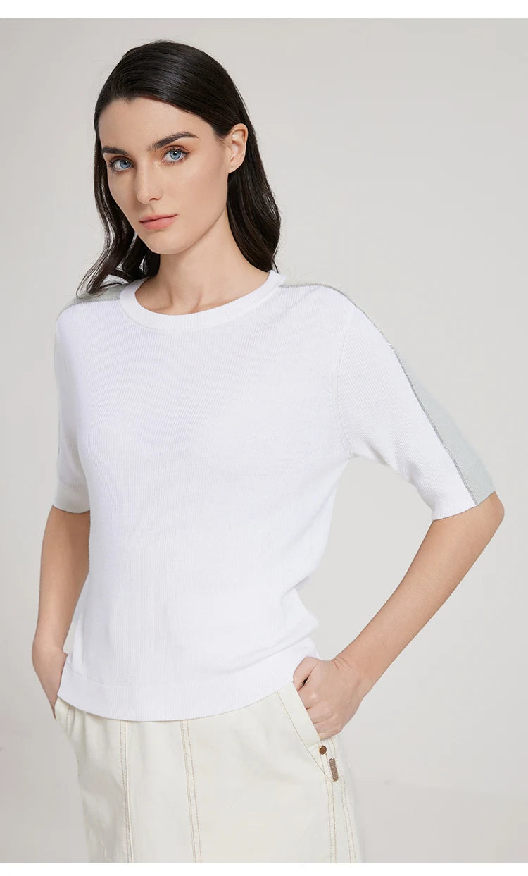 BC1042 Silk Merino Wool Blend Contrast Color Pullover Knitted Sweater for Women Luxury Summer Woolen Ladies Clothing