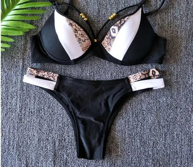 Snake Skin Print Bikini Push Up Leopard Swimsuit Female Hollow Out Swimwear Women Bathing Suit Sexy Cup Bikini Set Monokini