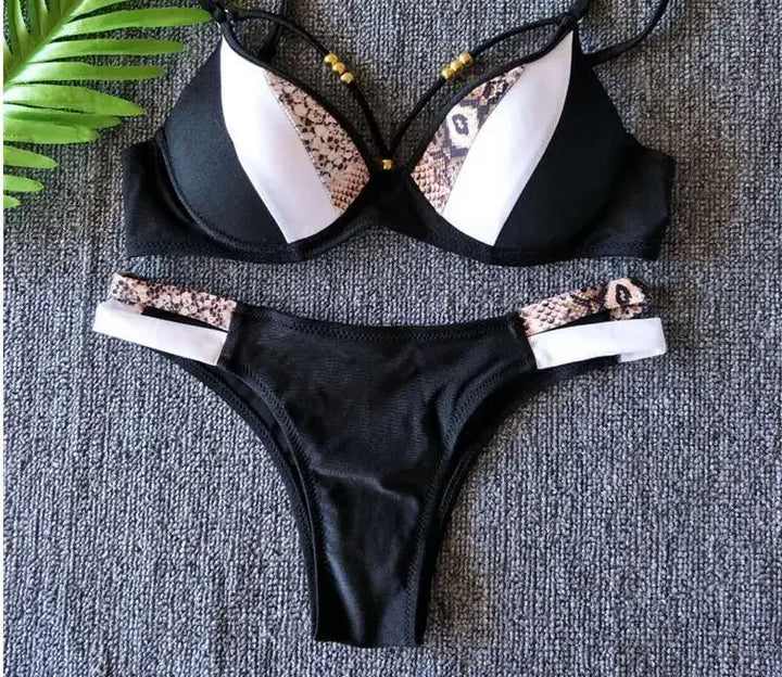 Snake Skin Print Bikini Push Up Leopard Swimsuit Female Hollow Out Swimwear Women Bathing Suit Sexy Cup Bikini Set Monokini