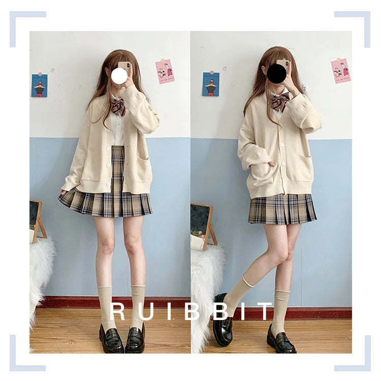 Japanese School Basic Sweaters Women Autumn Kawaii Solid V-neck Loose Knitted Cardigan Preppy Style Uniform Cosplay