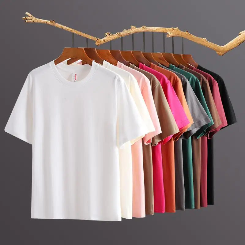 220 grams pure cotton short-sleeved custom logo solid-color round-neck T-shirt, loose large size, breathable T-shirt custom with