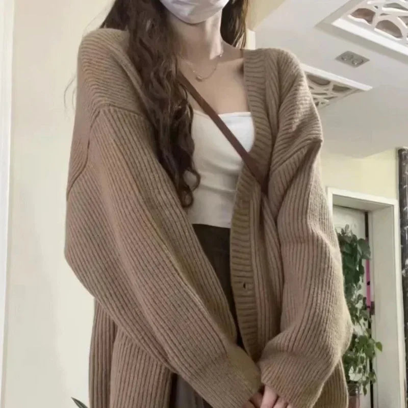 2024 New Preppy Style Women's Knit Sweater Cardigan Loose Fit V-neck Versatile Solid Color Korean Version Pullovers
