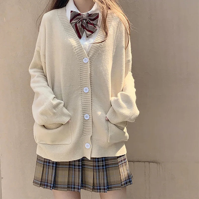 Japanese School Basic Sweaters Women Autumn Kawaii Solid V-neck Loose Knitted Cardigan Preppy Style Uniform Cosplay