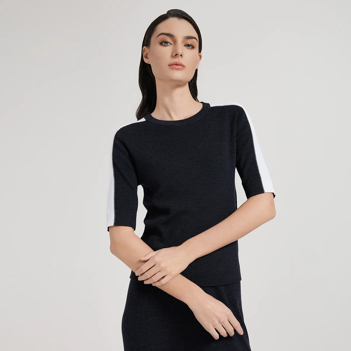 BC1042 Silk Merino Wool Blend Contrast Color Pullover Knitted Sweater for Women Luxury Summer Woolen Ladies Clothing