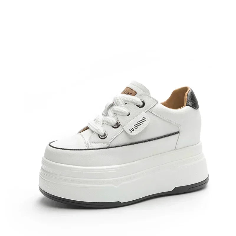 Fujin 9cm 3 inch comfortable platform sneakers for women Genuine Leather Women Vulcanized Shoes Platform High Heels Casual Shoes