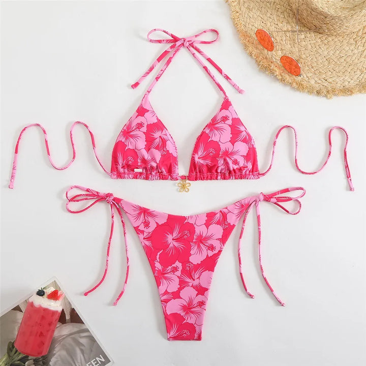 Blue Floral Print Swimwear Halter String Triangle Bikini Micro Mini Thong Sexy Swimsuit Women 2026 Bather Biquinis Bikinis Sets