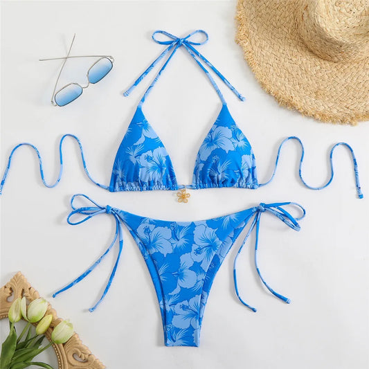 Blue Floral Print Swimwear Halter String Triangle Bikini Micro Mini Thong Sexy Swimsuit Women 2026 Bather Biquinis Bikinis Sets