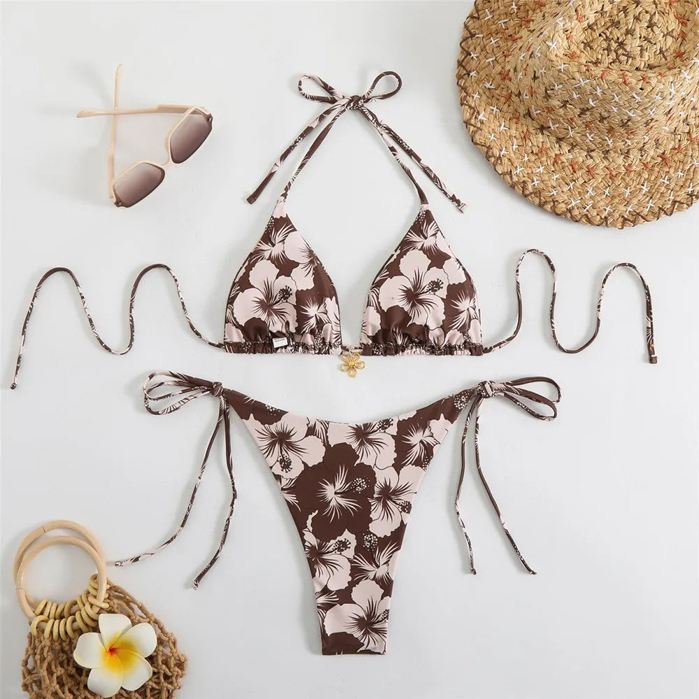 Blue Floral Print Swimwear Halter String Triangle Bikini Micro Mini Thong Sexy Swimsuit Women 2026 Bather Biquinis Bikinis Sets