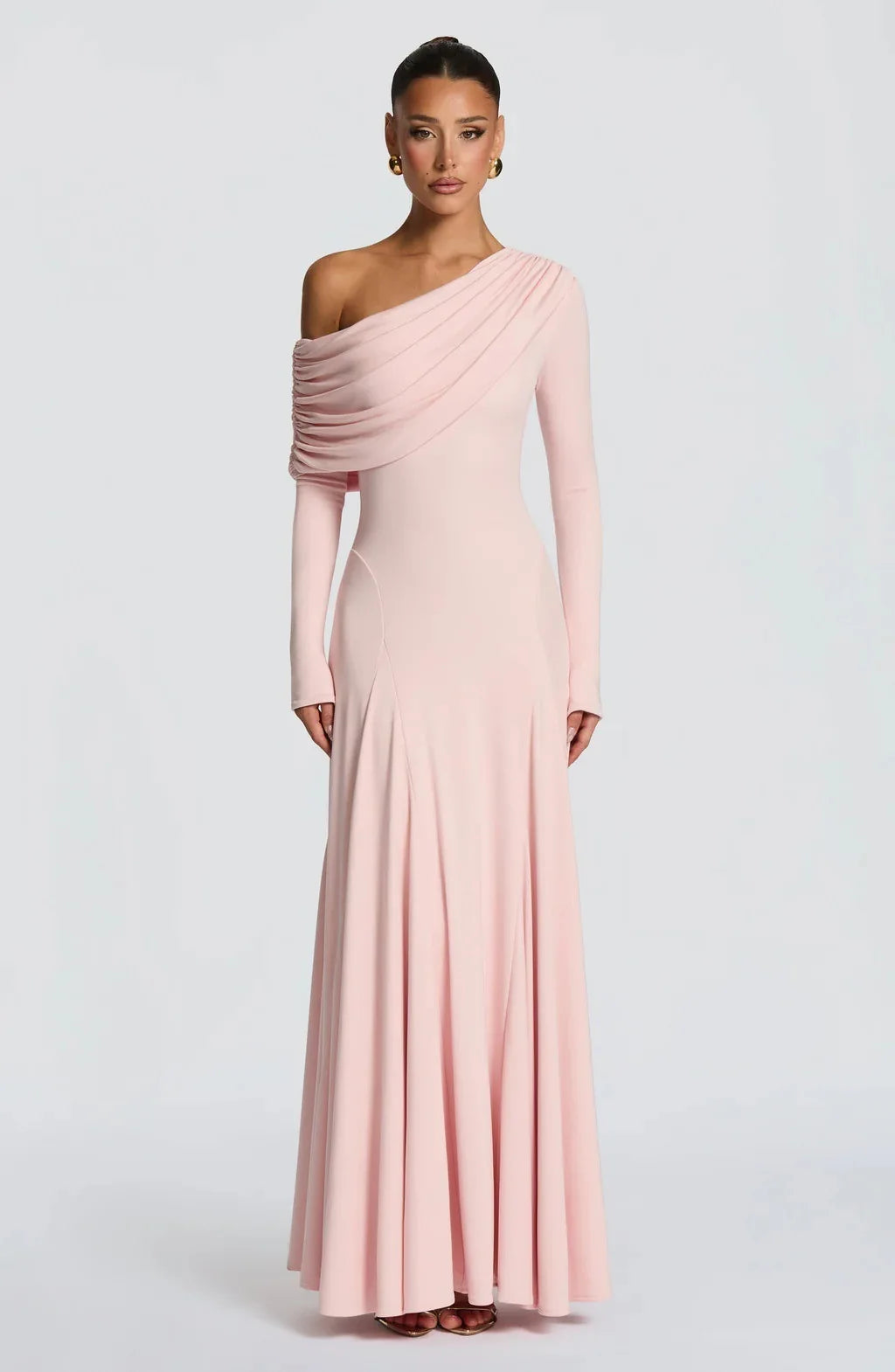 Elegant Long Sleeve Slanted Shoulder Party Club Evening Dress For Women 2025 New Dress Sexy Shrink Fold Winter Vestidos