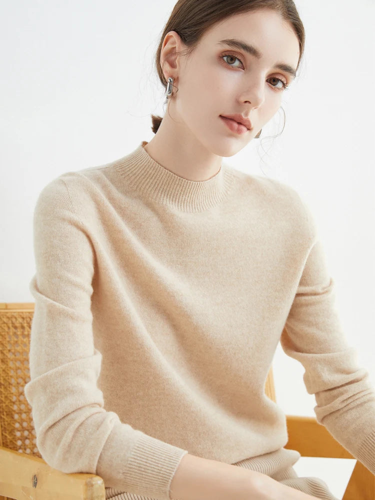 Women 100% Merino Wool Sweater For Autumn Winter  First Line Seamless Half-high Collar Pullover Basic Top OL Solid Soft Cashmere