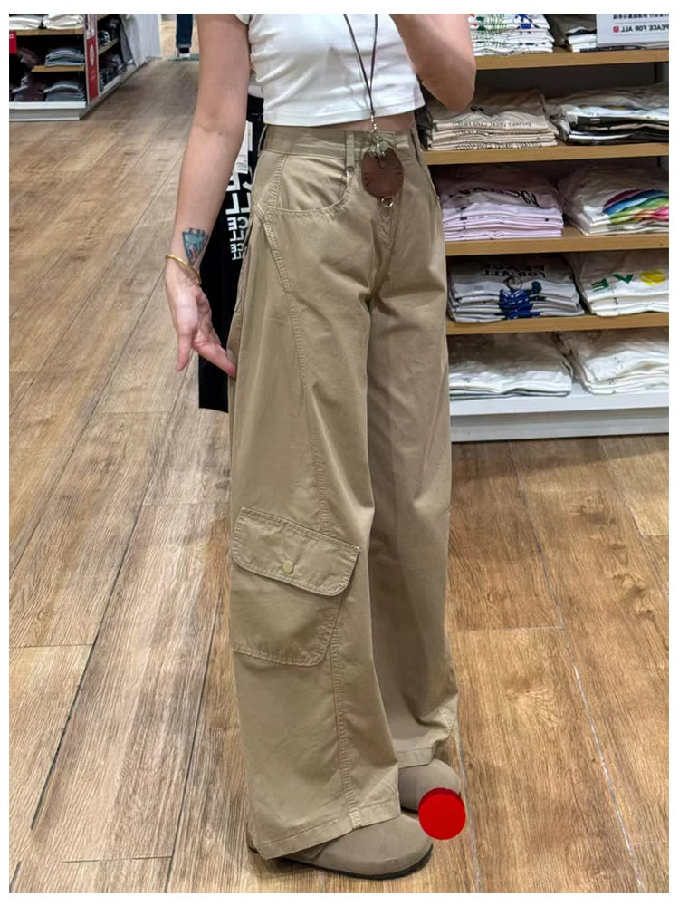 American Style plus Size Military Green Denim Pants Women's Spring Loose Slim Wide Leg Casual Trousers Multiple Pockets