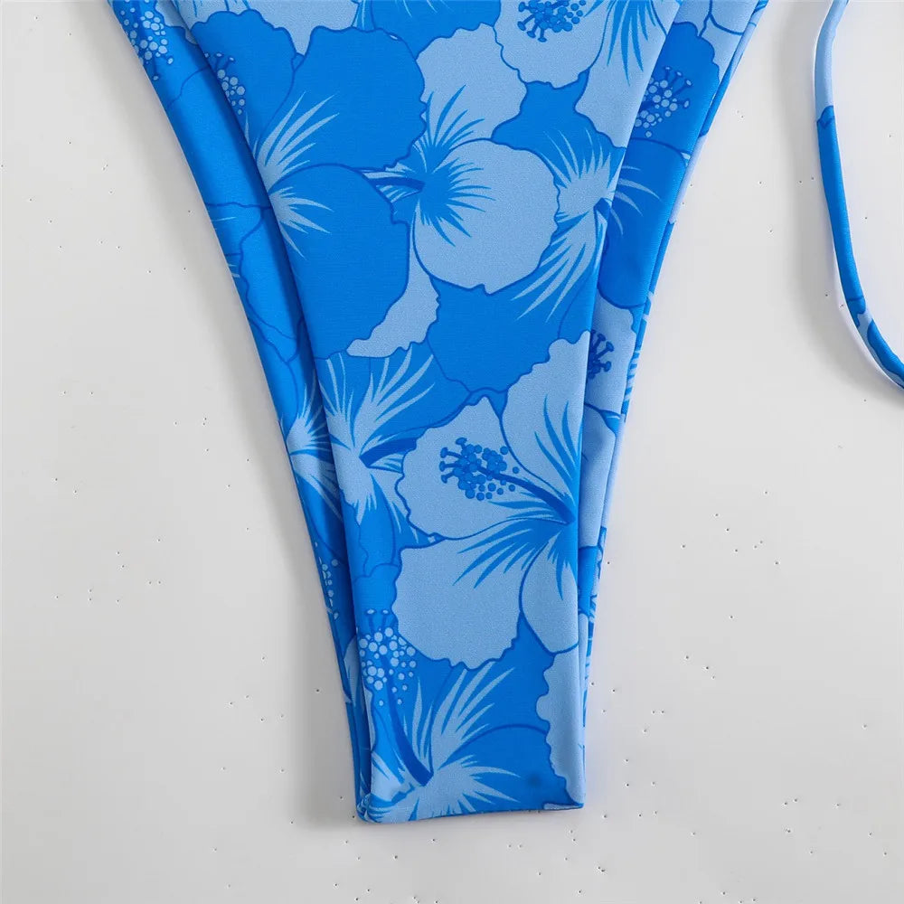 Blue Floral Print Swimwear Halter String Triangle Bikini Micro Mini Thong Sexy Swimsuit Women 2026 Bather Biquinis Bikinis Sets