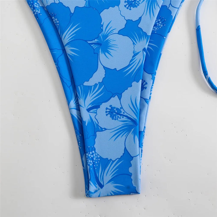 Blue Floral Print Swimwear Halter String Triangle Bikini Micro Mini Thong Sexy Swimsuit Women 2026 Bather Biquinis Bikinis Sets