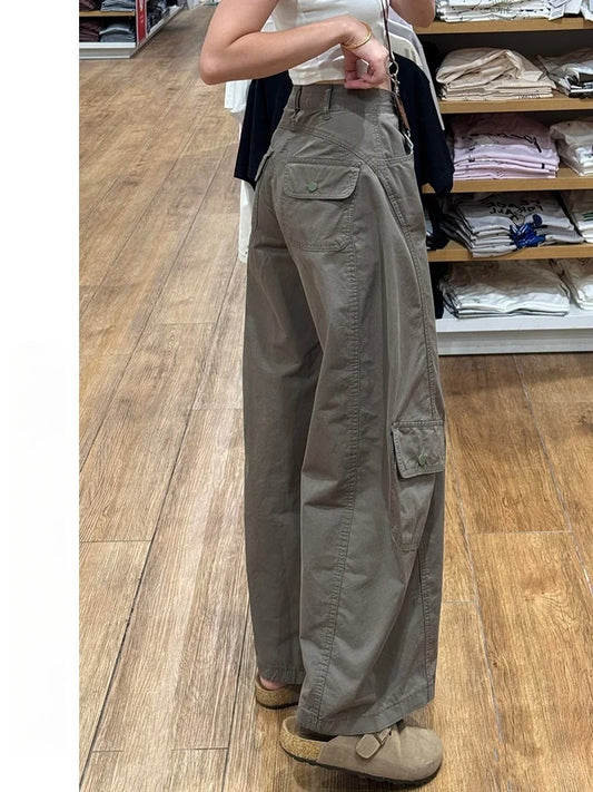 American Style plus Size Military Green Denim Pants Women's Spring Loose Slim Wide Leg Casual Trousers Multiple Pockets
