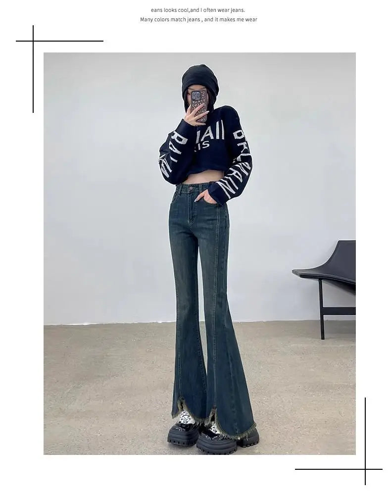 Plus-size slit elastic flared jeans for women, autumn high-waisted slimming straight wide-leg floor-length pants for plus-size