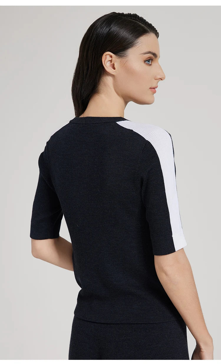 BC1042 Silk Merino Wool Blend Contrast Color Pullover Knitted Sweater for Women Luxury Summer Woolen Ladies Clothing