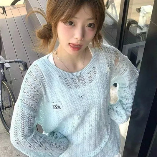 Korean Hollow Out Woman Tshirts  Long Sleeve O-neck Knitted T-shirt For Women Casual Fashion Summer sun protection clothing