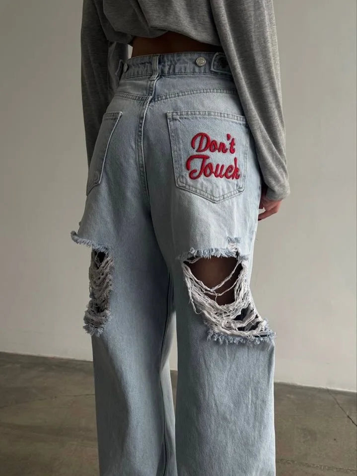 New retro embroidered letter jeans for women high waisted straight leg classic hip-hop comfortable stretch denim pants