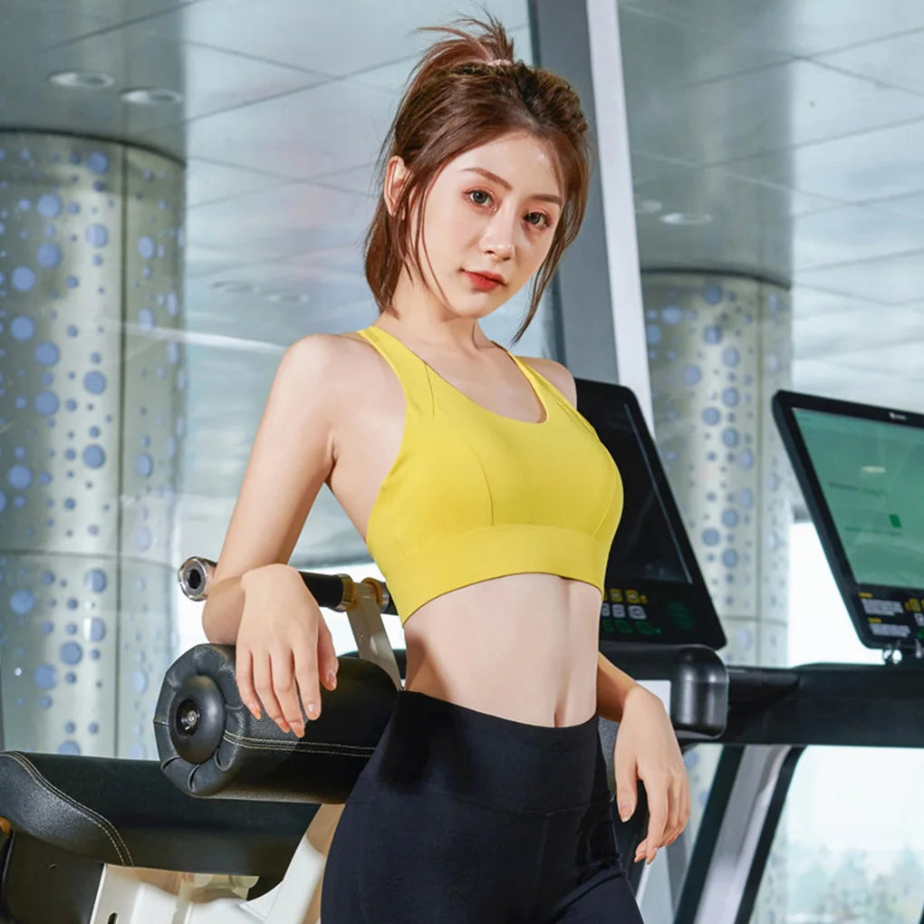 Women Sports Bra Push Up Female Gym Workout Tops Adjustable, M, Yellow