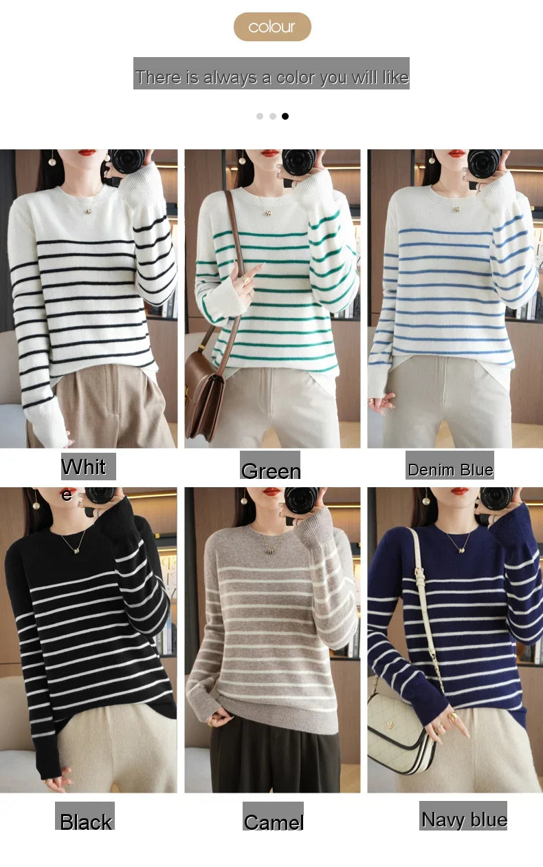 Women's Korean Version Spring Sweater With Dual Color Striped long Sleeved Round Neck New Pullover Sweater Made 100% Cotton  SMY