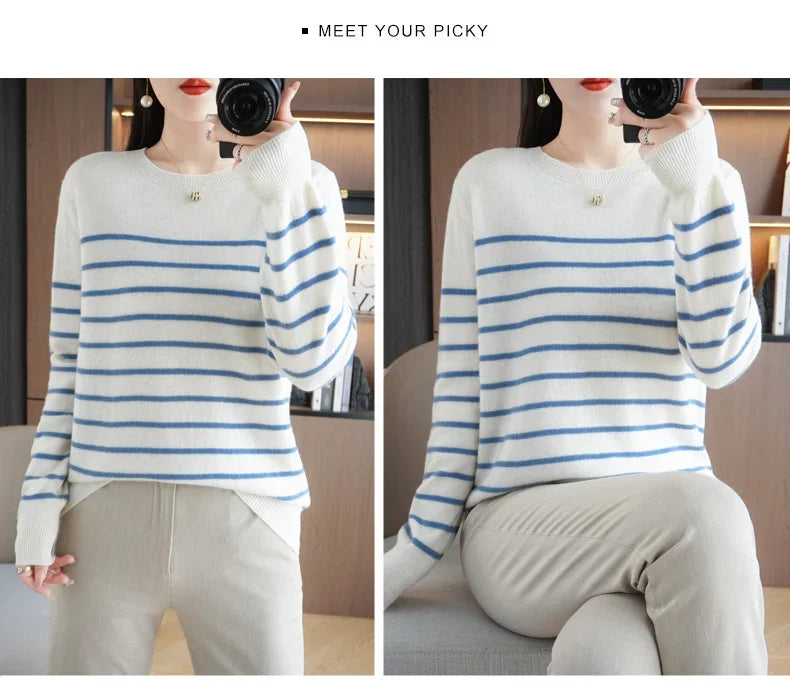 Women's Korean Version Spring Sweater With Dual Color Striped long Sleeved Round Neck New Pullover Sweater Made 100% Cotton  SMY