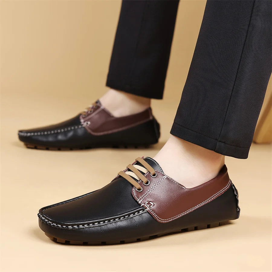 Men's Trendy Round Toe Loafer Shoes, Slip on Comfy Non Slip for Outdoor Walking Traveling Men's Soft PU Leather Lace-Up Casual