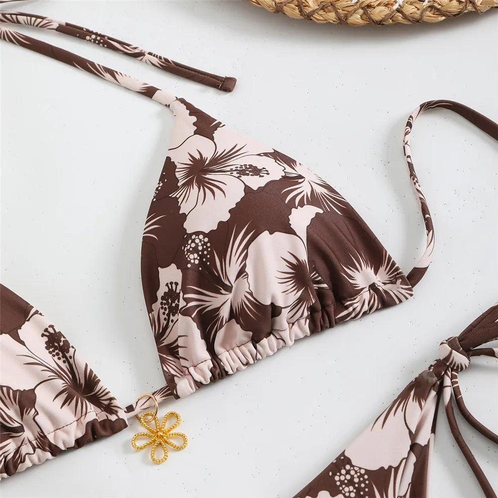 Blue Floral Print Swimwear Halter String Triangle Bikini Micro Mini Thong Sexy Swimsuit Women 2026 Bather Biquinis Bikinis Sets