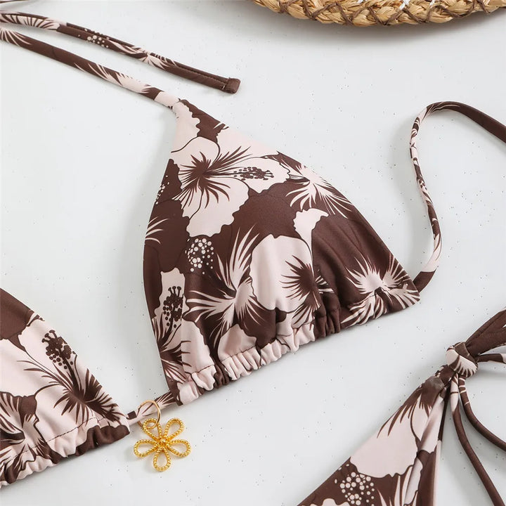Blue Floral Print Swimwear Halter String Triangle Bikini Micro Mini Thong Sexy Swimsuit Women 2026 Bather Biquinis Bikinis Sets