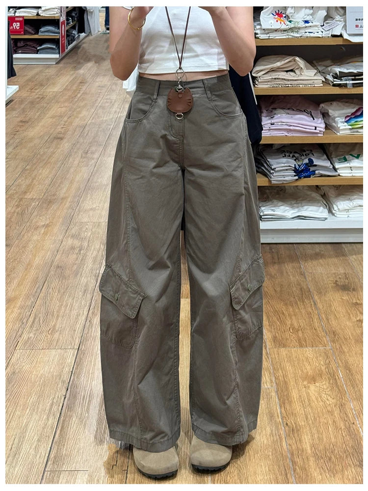 American Style plus Size Military Green Denim Pants Women's Spring Loose Slim Wide Leg Casual Trousers Multiple Pockets