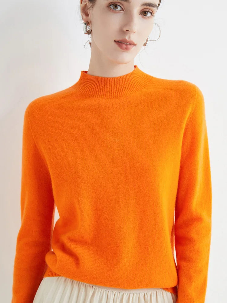 Women 100% Merino Wool Sweater For Autumn Winter  First Line Seamless Half-high Collar Pullover Basic Top OL Solid Soft Cashmere