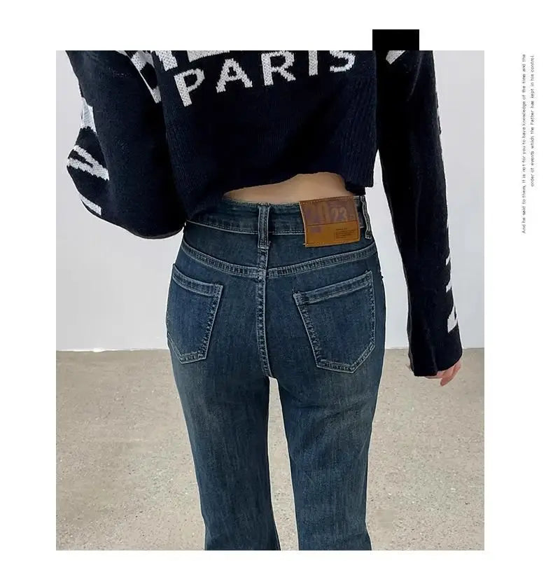 Plus-size slit elastic flared jeans for women, autumn high-waisted slimming straight wide-leg floor-length pants for plus-size