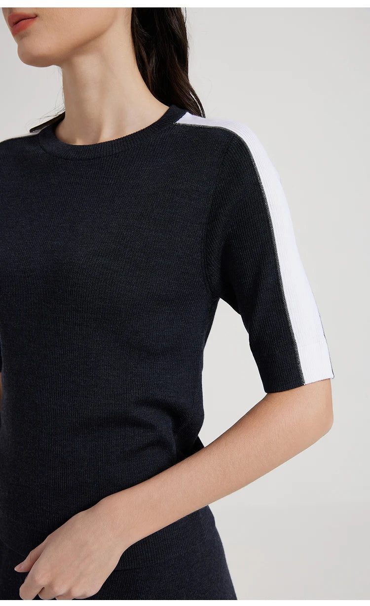 BC1042 Silk Merino Wool Blend Contrast Color Pullover Knitted Sweater for Women Luxury Summer Woolen Ladies Clothing