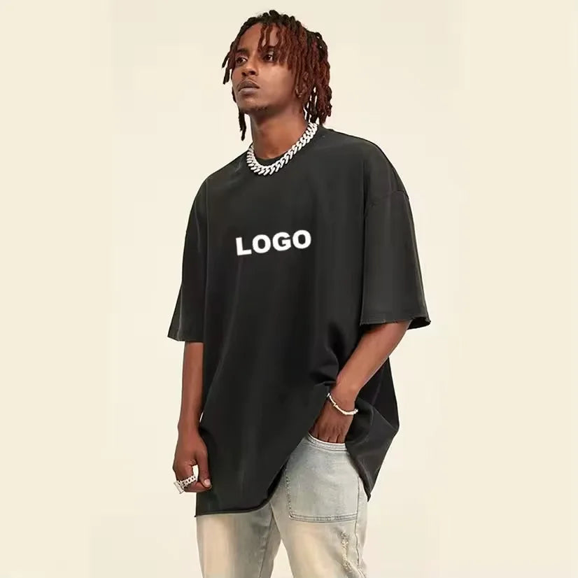 200 grams pure cotton short-sleeved custom logo solid-color round-neck T-shirt, loose large size, breathable T-shirt custom with