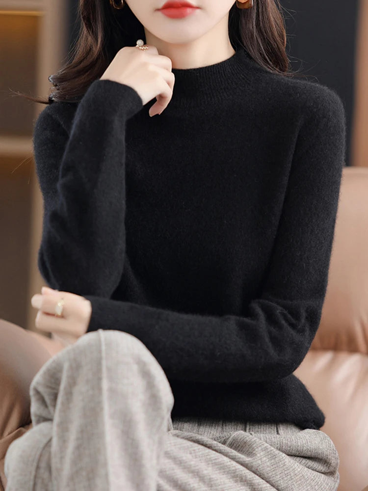 Women 100% Merino Wool Sweater For Autumn Winter  First Line Seamless Half-high Collar Pullover Basic Top OL Solid Soft Cashmere