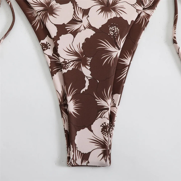 Blue Floral Print Swimwear Halter String Triangle Bikini Micro Mini Thong Sexy Swimsuit Women 2026 Bather Biquinis Bikinis Sets