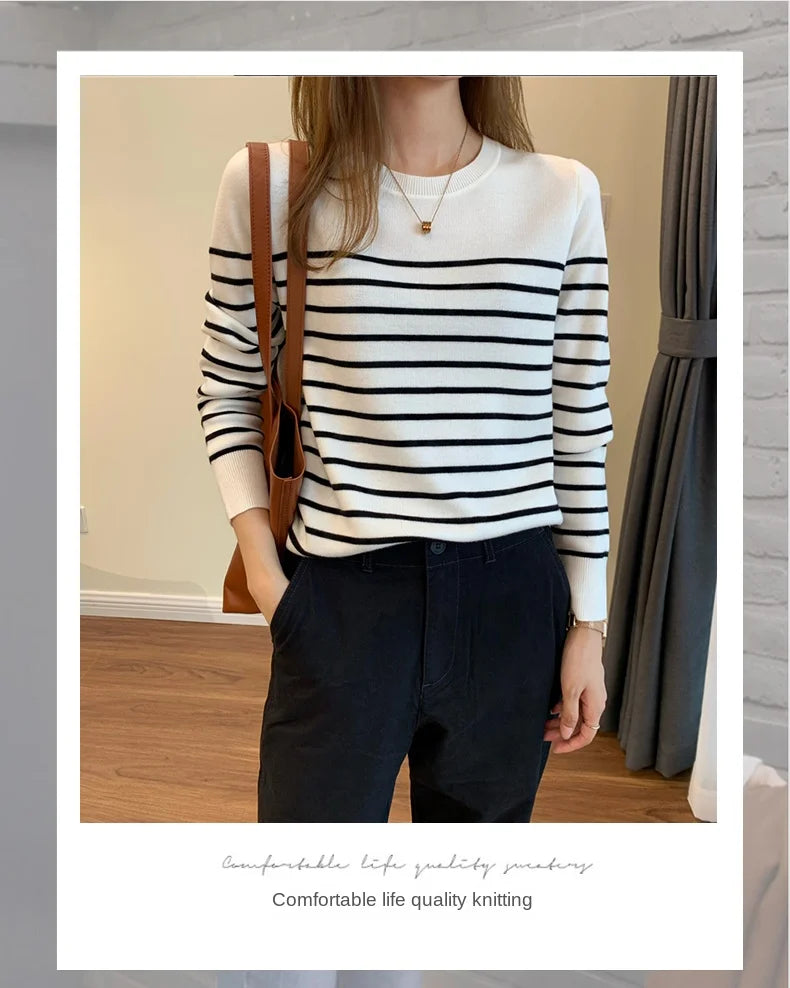 Women's Korean Version Spring Sweater With Dual Color Striped long Sleeved Round Neck New Pullover Sweater Made 100% Cotton  SMY