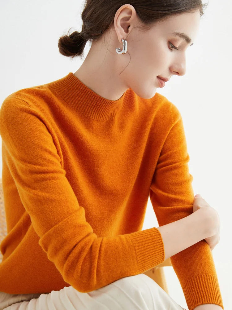 Women 100% Merino Wool Sweater For Autumn Winter  First Line Seamless Half-high Collar Pullover Basic Top OL Solid Soft Cashmere