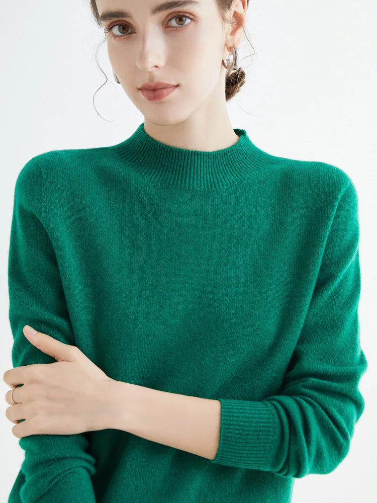 Women 100% Merino Wool Sweater For Autumn Winter  First Line Seamless Half-high Collar Pullover Basic Top OL Solid Soft Cashmere