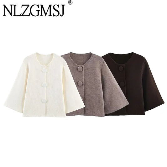 Nlzgsmj 2026 Women Fashion Brown Button Decoration Knitted Sweater Vintage Short Sleeves Female Leisure Lady Sweaters Y2k