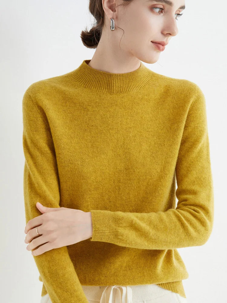 Women 100% Merino Wool Sweater For Autumn Winter  First Line Seamless Half-high Collar Pullover Basic Top OL Solid Soft Cashmere