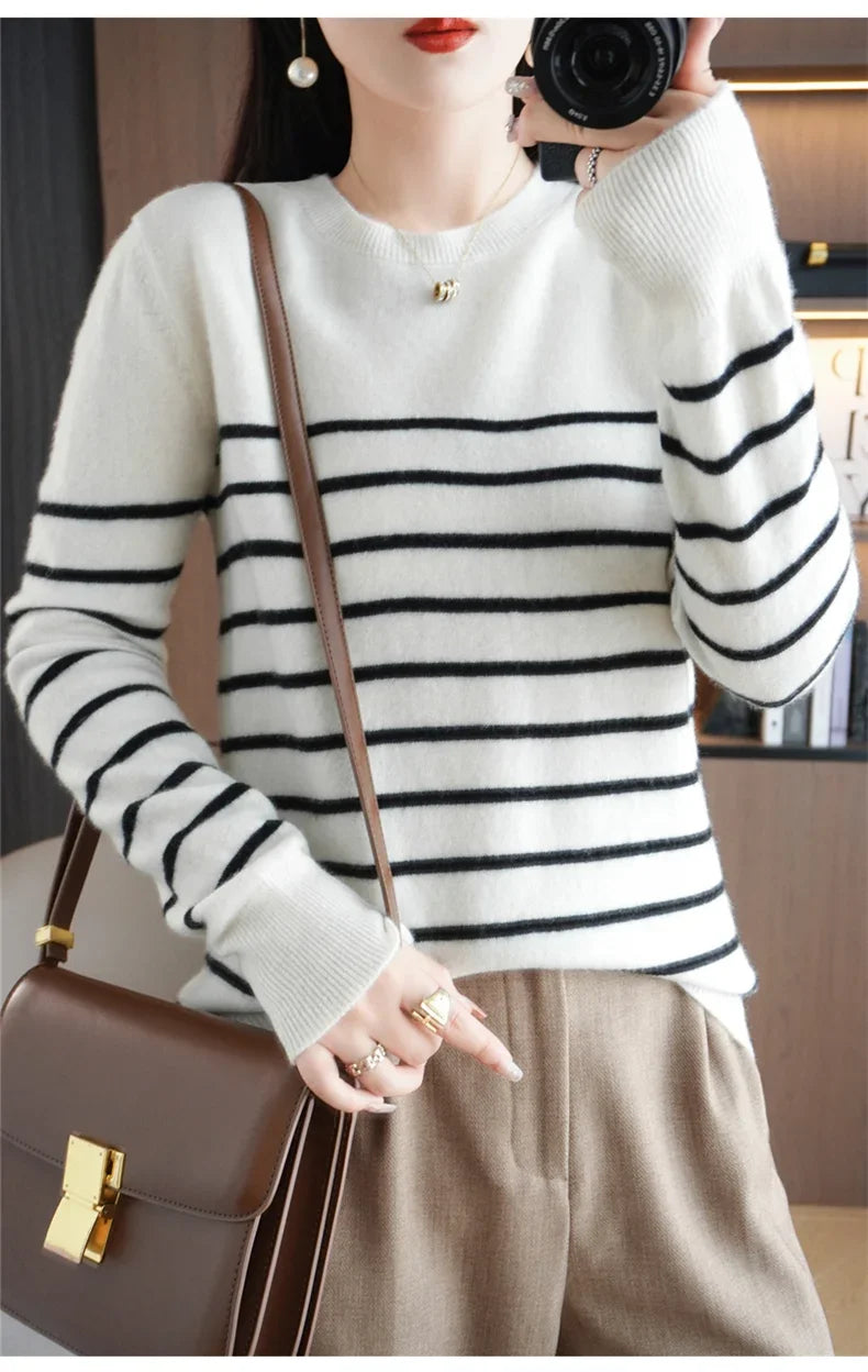 Women's Korean Version Spring Sweater With Dual Color Striped long Sleeved Round Neck New Pullover Sweater Made 100% Cotton  SMY