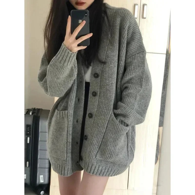 2024 New Preppy Style Women's Knit Sweater Cardigan Loose Fit V-neck Versatile Solid Color Korean Version Pullovers