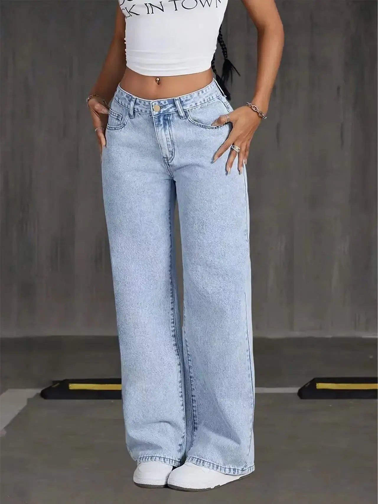 Women's Stretchy Loose Wide-Leg Straight Jeans, Acid-Washed Light Blue, Tummy Control, Casual Comfortable Solid Color Elegant Long Pants