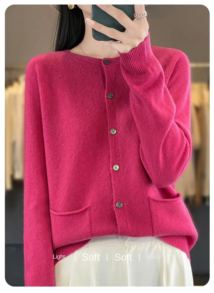 Women's Round Neck Knitted Solid Color Double Pocket Sweater For Autumn And Winter Warm And Loose Knit Cardigan Soft Wool Top ZD