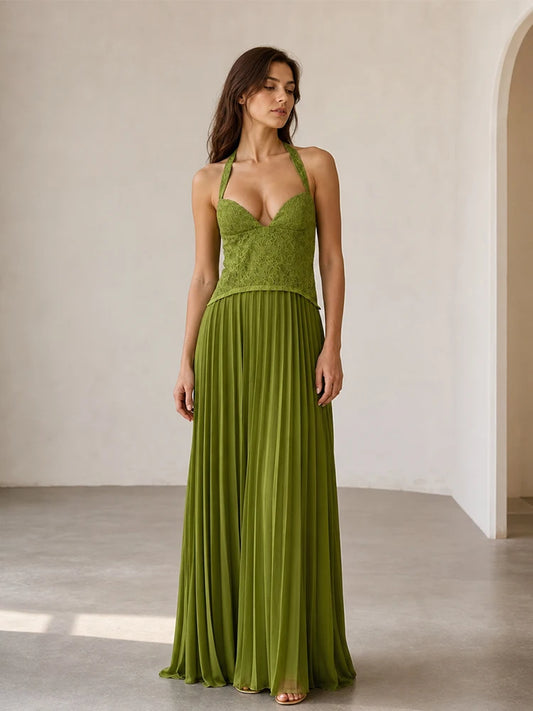 Green Corset Halter Long Dress Women Backless Off Shoulder Pleated Patchwork Slim Maxi Dress 2026 Summer Lady Party Evening Gown