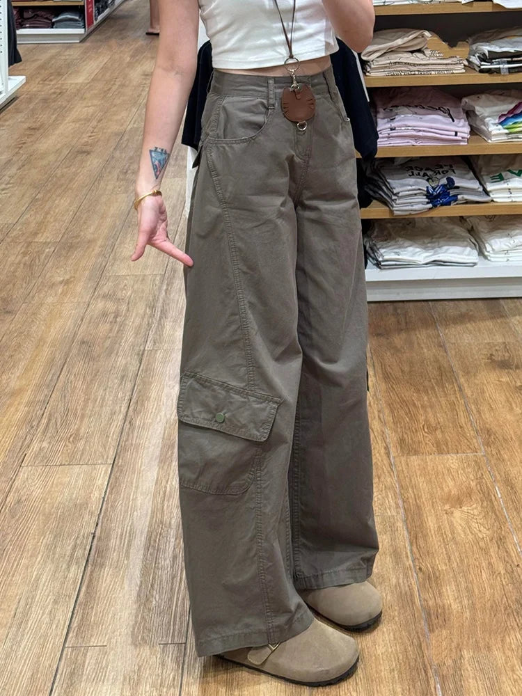 American Style plus Size Military Green Denim Pants Women's Spring Loose Slim Wide Leg Casual Trousers Multiple Pockets
