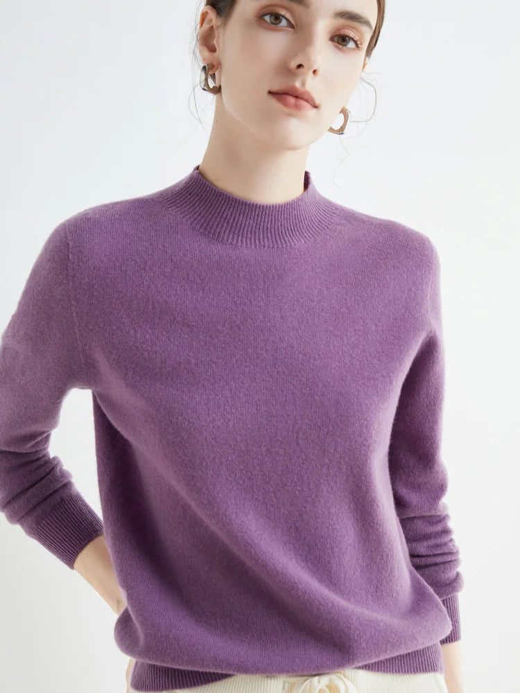 Women 100% Merino Wool Sweater For Autumn Winter  First Line Seamless Half-high Collar Pullover Basic Top OL Solid Soft Cashmere